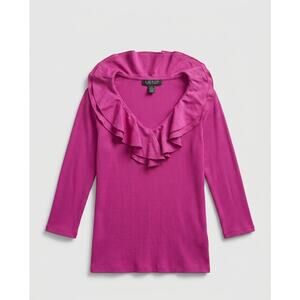 LRL Lauren Ralph Lauren Womens Ruffle V-Neck Ribbed Knit Top Purple Pink Size M